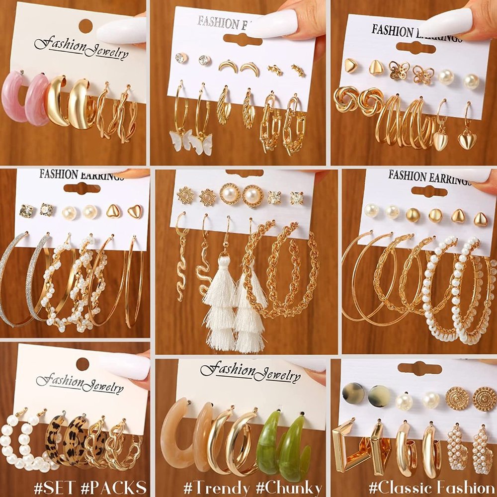 New 45 Pairs Gold Hoop Earrings for Girls Women Multipack, Chunky Pearl Twisted - Picture 5 of 9